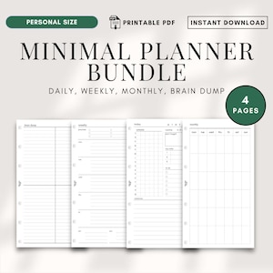 May include: A digital planner bundle featuring four white pages with black text and lines. The pages include layouts for daily, weekly, and monthly scheduling, plus a brain dump section. Text includes "MINIMAL PLANNER BUNDLE" and "4 PAGES".