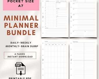 Minimal Planner Insert Bundle A7 Pocket Daily Weekly Monthly Bundle Pocket Ring Insert Filofax Pocket 4 Pages Printable Undated PDF