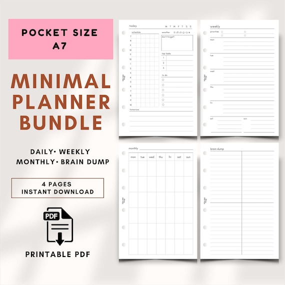 Minimal Planner Insert Bundle A7 Pocket Daily Weekly Monthly Bundle Pocket Ring Insert Filofax Pocket 4 Pages Printable Undated PDF