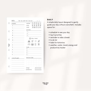May include: A white daily planner page with a minimalist design. It includes sections for scheduling, priorities, to-do lists, and weather tracking. The page also features the text "DAILY" and "little desk things".