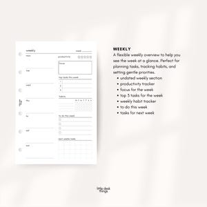May include: A white weekly planner page with a minimalist design. It includes sections for each day of the week, productivity tracking, focus, top tasks, habits, and to-do lists. The text "WEEKLY" is displayed.