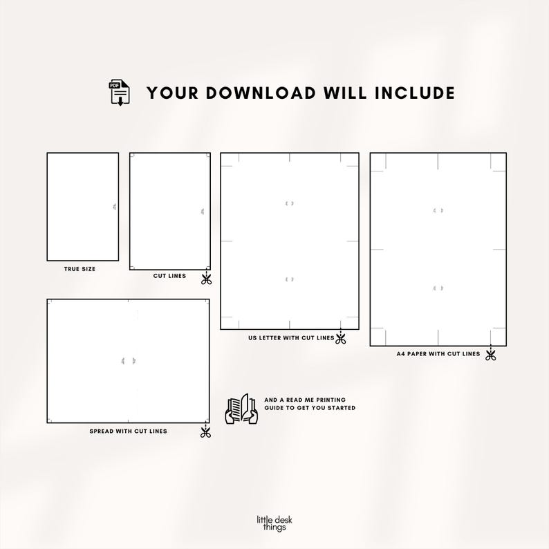 May include: A digital download graphic with the text "YOUR DOWNLOAD WILL INCLUDE". The image shows various paper sizes with cut lines, including "TRUE SIZE", "CUT LINES", "US LETTER WITH CUT LINES", "A4 PAPER WITH CUT LINES", and "SPREAD WITH CUT LINES".