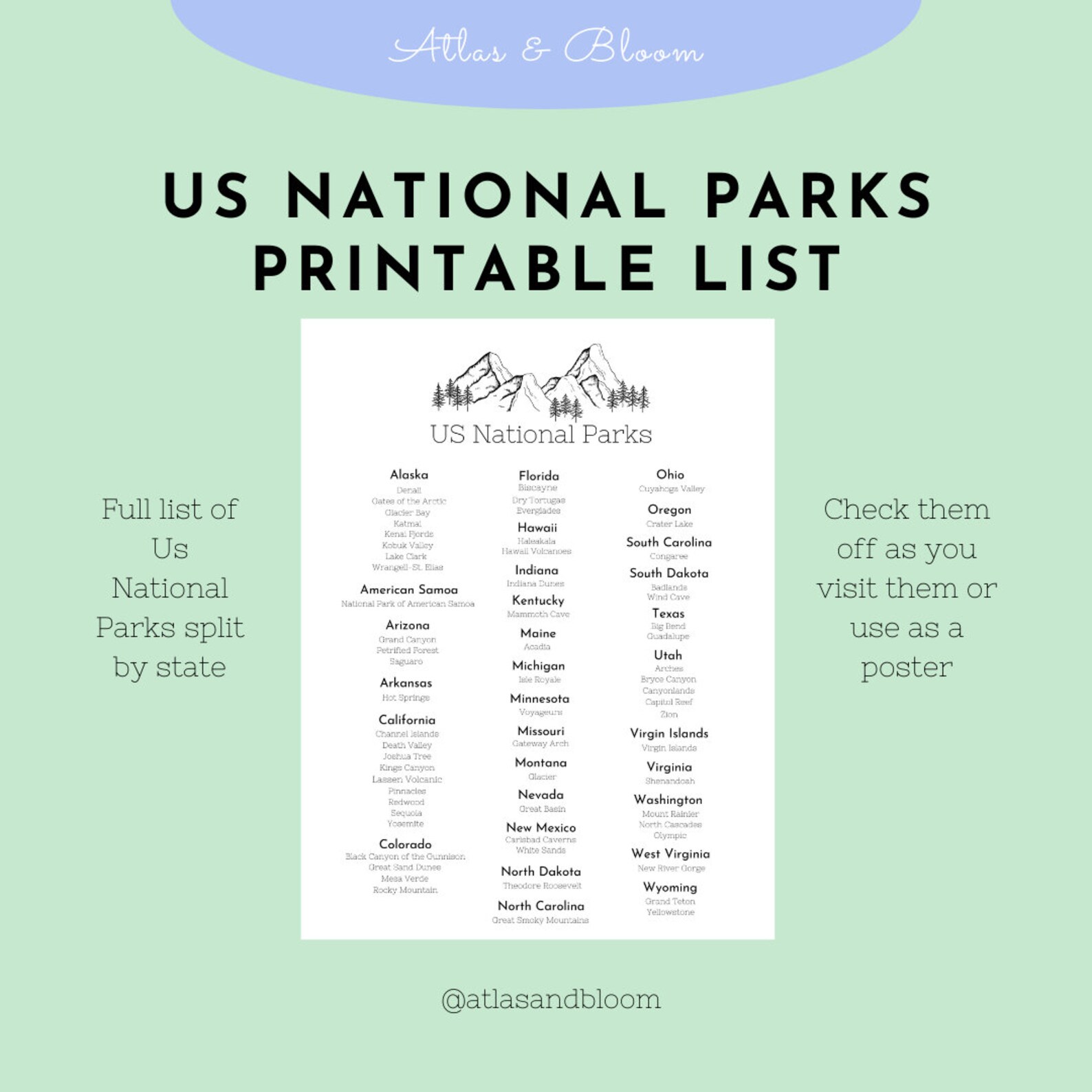 US National Park List Printable | Travel Bucket List | Travel Planner ...
