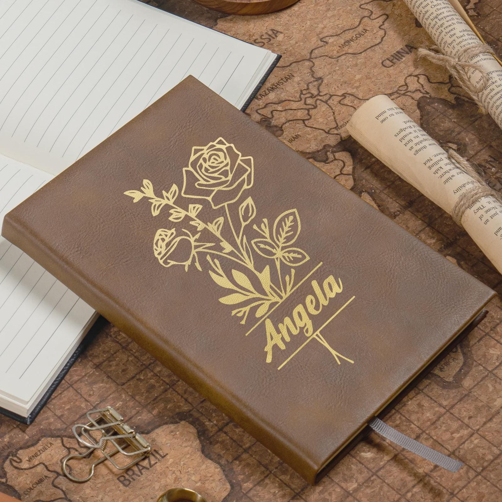 Personalized A5 PU Leather Notebook – Brown to Gold