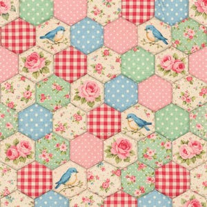 May include: A patchwork quilt with a repeating hexagonal pattern. The quilt features various fabrics, including gingham, polka dots, and floral prints. Bluebirds and roses are also featured in the design. The color palette includes pink, blue, green, and cream.