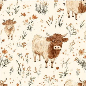 Highland Cows Roaming Fabric, Quilting Cotton Fabric, Bamboo Muslin Fabric, Cotton Lycra Fabric, Sewing Fabric, Fabric by the Yard
