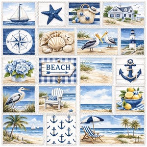 May include: A collection of coastal-themed illustrations, featuring a sailboat, starfish, seashells, pelicans, a lighthouse, a compass, and an anchor. The design uses a blue and white colour scheme, with the word "BEACH" on a sign, suggesting a seaside theme.