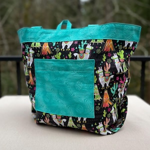 Sturdy Cotton Tote Bag with Front Pocket – Llama Cactus Print, Washable, 13 x 18