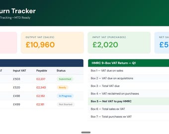 UK Vat Return Tracker Excel Template | HMRC 9 Box Vat | Quarterly Vat | Sales Purchase Log | MTD Ready | Small Business