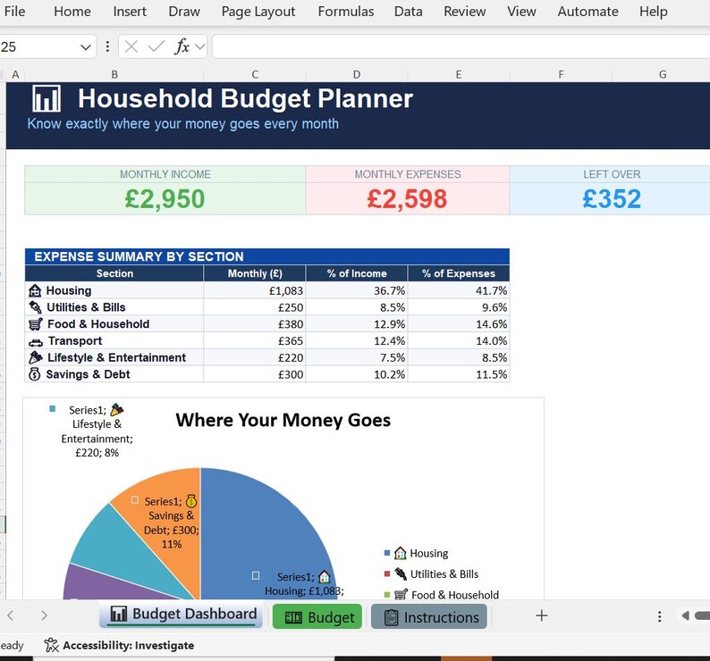 Monthly Budget Planner | Excel Template, Income & Expense Tracker ...