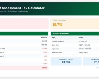UK Self Assessment Tax Calculator 2025-26 Excel | Sole Trader, Freelancer (Instant Download)