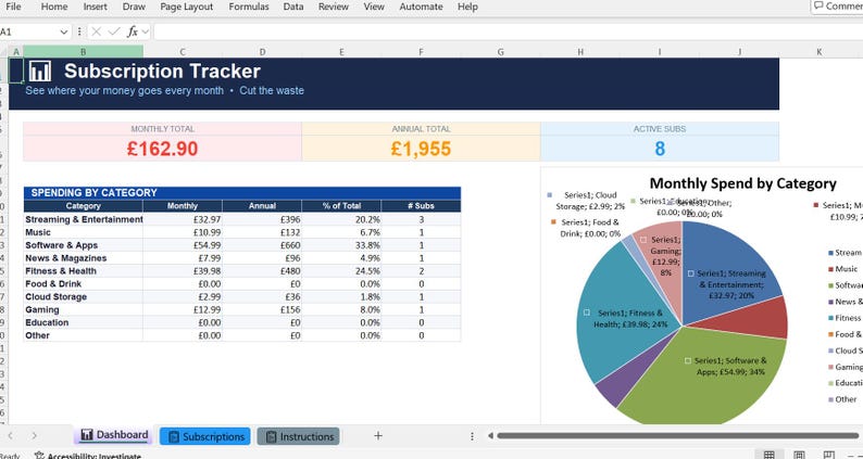 Subscriptions Spreadsheet Subscription Tracker Excel Template | Monthly Spending Tracker | Cancel ...
