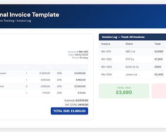 VAT Invoice Template Excel | UK Freelancer, Small Business (Auto Calculate, Payment Tracker)