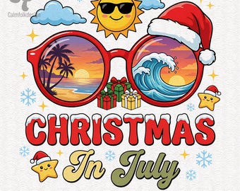 Navidad en julio PNG, gafas de sol de playa tropical descarga digital, diseño de camiseta de sublimación para vacaciones de Navidad de verano, imágenes prediseñadas de playa para vacaciones