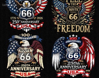 Paquete PNG del aniversario de la Ruta 66, diseños patrióticos de la autopista Eagle (1926-2026) (descarga digital)