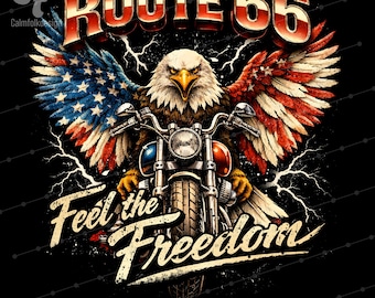 Motocicleta con águila de la Ruta 66, PNG, diseño patriótico de motociclista (descarga digital)