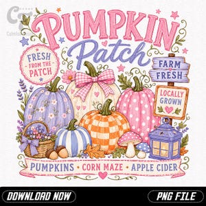 Könnte beinhalten: Eine digitale Illustration mit dem Text PUMPKIN PATCH, FRESH FROM THE PATCH, FARM FRESH, LOCALLY GROWN und PUMPKINS CORN MAZE APPLE CIDER. Sie zeigt verschiedene Kürbisse in Rosa, Orange und Lila, einen Blumenkorb und eine Laterne.