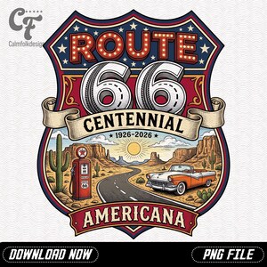 Op de afbeelding: Een Route 66 Centennial Americana ontwerp. De afbeelding toont een schildvormig embleem met "ROUTE 66" in lichtletters, "66" banden en een woestijnlandschap met een klassieke auto. Het ontwerp herdenkt de jaren 1926-2026.