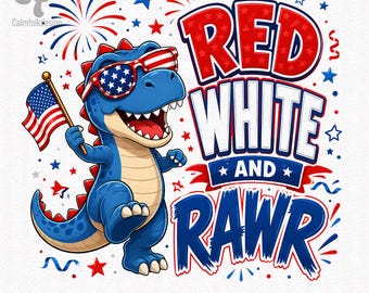 PNG de dinosaurio patriótico rojo, blanco y rugido, descarga digital, diseño divertido para camisetas de sublimación infantiles del 4 de julio.