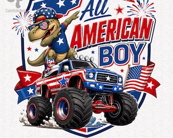 Imagen PNG de un niño estadounidense, camión monstruo de dinosaurio patriótico para descarga digital, diseño de camiseta de sublimación para niños del 4 de julio.