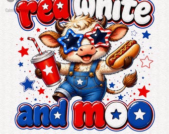 Vaca roja, blanca y mugido PNG, vaca de las tierras altas patriótica, diseño de sublimación del 4 de julio