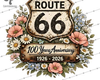 PNG floral del centenario de la Ruta 66, gráfico vintage de viaje por carretera (descarga digital)