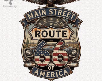 Coche clásico de la Ruta 66 en formato PNG, diseño retro de Main Street America (descarga digital)