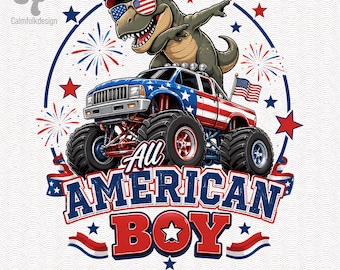 Imagen PNG de un niño estadounidense, camión monstruo de dinosaurio patriótico para descarga digital, diseño de camiseta de sublimación para niños del 4 de julio.