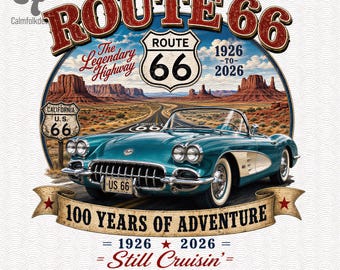 Ruta 66: 100 años de aventura PNG, diseño de coche clásico vintage (descarga digital)