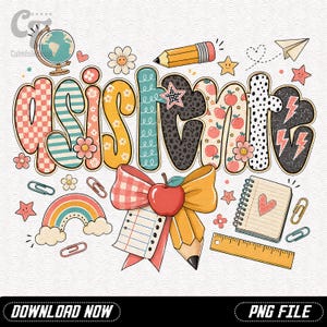May include: A digital graphic featuring the word asistente in colourful, patterned bubble letters. The design includes a globe, pencil, paper aeroplane, rainbow, apple, notebook, and ruler, all decorated with small flowers, stars, and hearts.