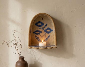 Hand-Painted Ceramic Wall Niche Candle Holder, Blue Floral Tealight Sconce, Cozy Rustic Decor