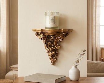Vintage Gold Wall Shelf, Ornate Baroque Floating Shelf, Decorative Wall Corbel, Small Candle Display Shelf, Gothic Home Decor