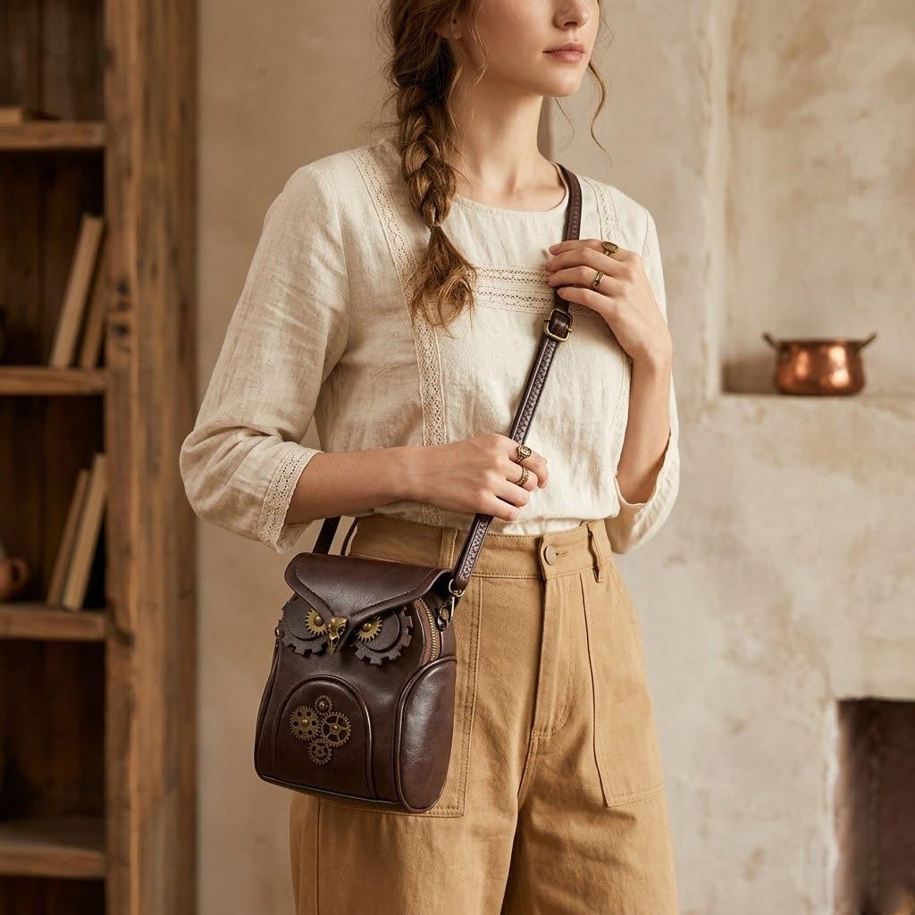 Owl Crossbody Bag for Women, Steampunk Belt Bag, Unique Funny Gift, Vintage Leather Look Purse, Goth
