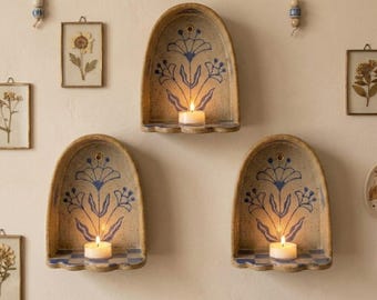 Hand-Painted Mimosa Flower Niche Candle Holder, Ceramic Wall Shrine, Cozy Cottage Decor