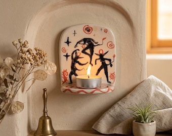 Hand Painted Ceramic Wall Niche Candle Holder, Small Hanging Shrine Shelf, Unique Handmade Wall Decor, Gift for  , Housewarming  Gift