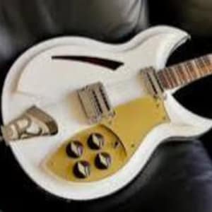 May include: A white electric guitar featuring a semi-hollow body with a distinctive cat-eye sound hole, a gold-colored pickguard, four black control knobs, and a metallic tailpiece. The neck includes a fretboard with visible metal frets.
