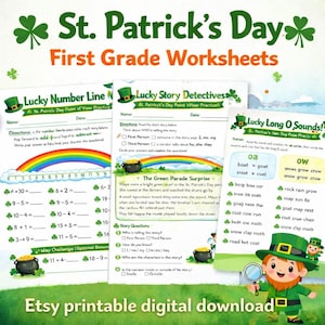 May include: St. Patrick's Day-themed first-grade worksheets. The image features three worksheets with St. Patrick's Day graphics, including a leprechaun, shamrocks, and pots of gold. The worksheets cover math, reading comprehension, and phonics. Etsy printable digital download.