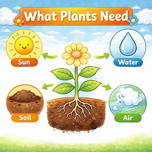May include: A colorful educational illustration titled "What Plants Need." It depicts a smiling sun, a water droplet, soil, and a cloud representing air, all connected to a flower with arrows. The background is a blue sky and green grass.
