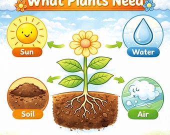 Op de afbeelding: Een kleurrijke educatieve illustratie getiteld "Wat planten nodig hebben." Het toont een lachende zon, een waterdruppel, aarde en een wolk die lucht vertegenwoordigt, allemaal verbonden met een bloem met pijlen. De achtergrond is een blauwe lucht en groen gras.