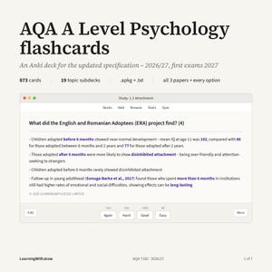 Könnte beinhalten: Eine digitale Anzeige von AQA A Level Psychology Lernkarten für die Spezifikation 2026/27. Der Bildschirm zeigt eine Anki-Deck-Oberfläche mit einer Lernkarte mit dem Titel 1.3 Attachment, die Ergebnisse zum English and Romanian Adoptees Projekt auflistet.