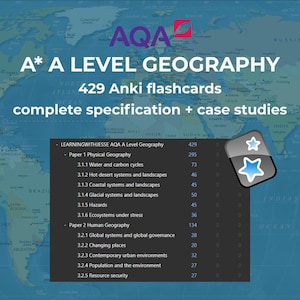May include: A map background with the text "A* A Level Geography" and "429 Anki flashcards." A list of topics includes water and carbon cycles, hot desert systems, and coastal systems. A digital icon with stars is in the corner.