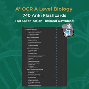 Pode incluir: Recurso digital para Biologia A* OCR A Level, com 740 flashcards Anki. A imagem mostra o título, a contagem de flashcards e uma lista de especificações detalhada para download instantâneo. Um ícone digital com formas de estrela está no canto superior direito.