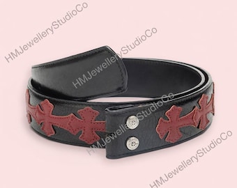 Real 925 Sterling Silver Black Dark Red Cemetery Belt Chrome Style Cowhide Genuine Leather