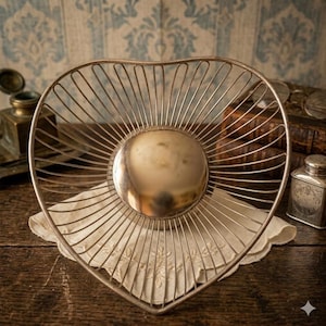 May include: A silver-coloured heart-shaped wire basket with a solid central disc. It rests on a white, embroidered cloth. The background features antique books, an inkwell, and a small silver container, creating a vintage feel.