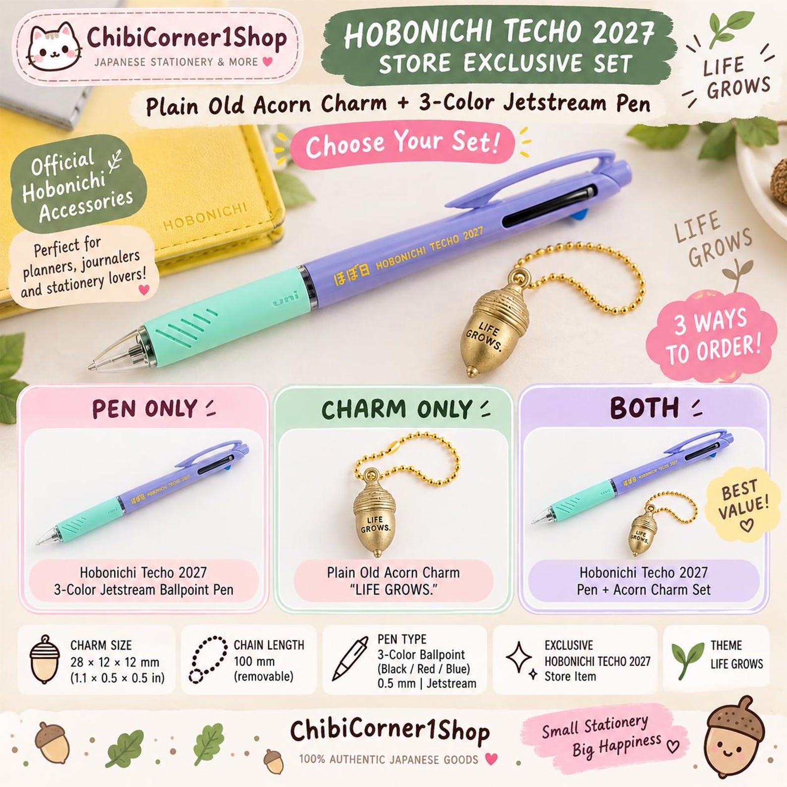 Hobonichi Techo 2027 Exclusive Set | Acorn Charm & 3-Color Jetstream Pen