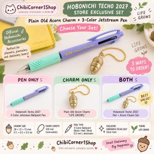May include: A Hobonichi Techo 2027 store exclusive set featuring a light purple and mint green 3-color Jetstream ballpoint pen and a gold-toned acorn charm with the text LIFE GROWS. The set includes a 0.5 mm pen and a 100 mm removable chain.