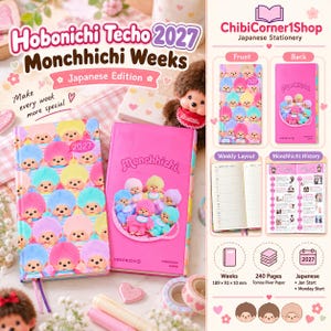 Può includere: Due agende Hobonichi Techo 2027 Monchhichi Weeks in edizione giapponese. Una presenta un motivo ripetuto di personaggi Monchhichi, l'altra una copertina rosa tinta unita con una grafica centrale. Include 240 pagine, 189 x 93 x 10 mm.