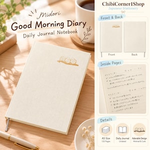 Puede incluir: Un diario de notas Midori Good Morning Diary de color crema con una pequeña ilustración de pájaros marrones en la portada. La imagen incluye vistas frontal y trasera, páginas interiores rayadas con texto en japonés e iconos A5.