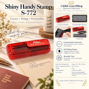 May include: A red Shiny Handy Stamp S-772 with a self-inking design and interchangeable characters. The kit includes a stamp, tweezers, and a character set. The stamp impression surface measures 43 x 16 mm, and the unit weighs 72 grams.