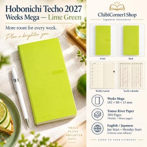 Può includere: Un'agenda Hobonichi Techo 2027 Weeks Mega color verde lime con una penna bianca. L'agenda mostra copertina, retro, layout settimanale e calendario annuale. Misura 182 x 88 x 13 mm e contiene 384 pagine di carta Tomoe River.